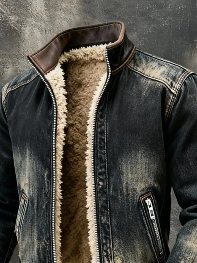 Men'S Vintage Distressed Warm Fleece Outdoor Jacket