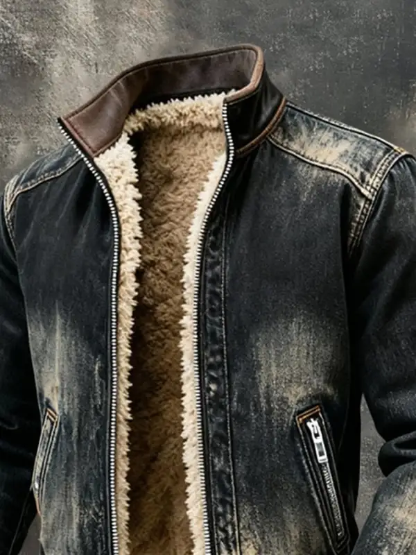 Men'S Vintage Distressed Warm Fleece Outdoor Jacket