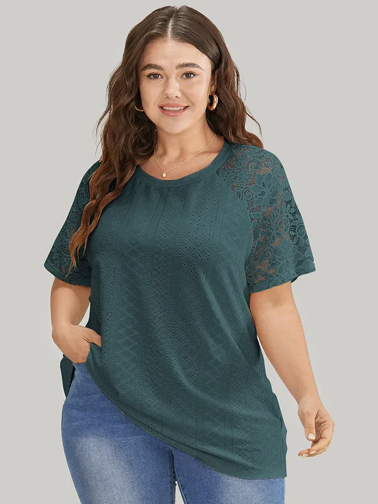 Solid Broderie Anglaise Lace Raglan Sleeve T-shirt