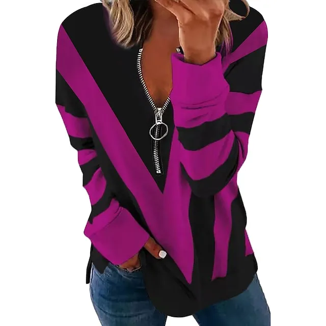 Women's Sweatshirt Pullover Streetwear Basic Zipper White Blue Purple Color Block Abstract Casual V Neck Long Sleeve Spring &  Fall Fall & Winter