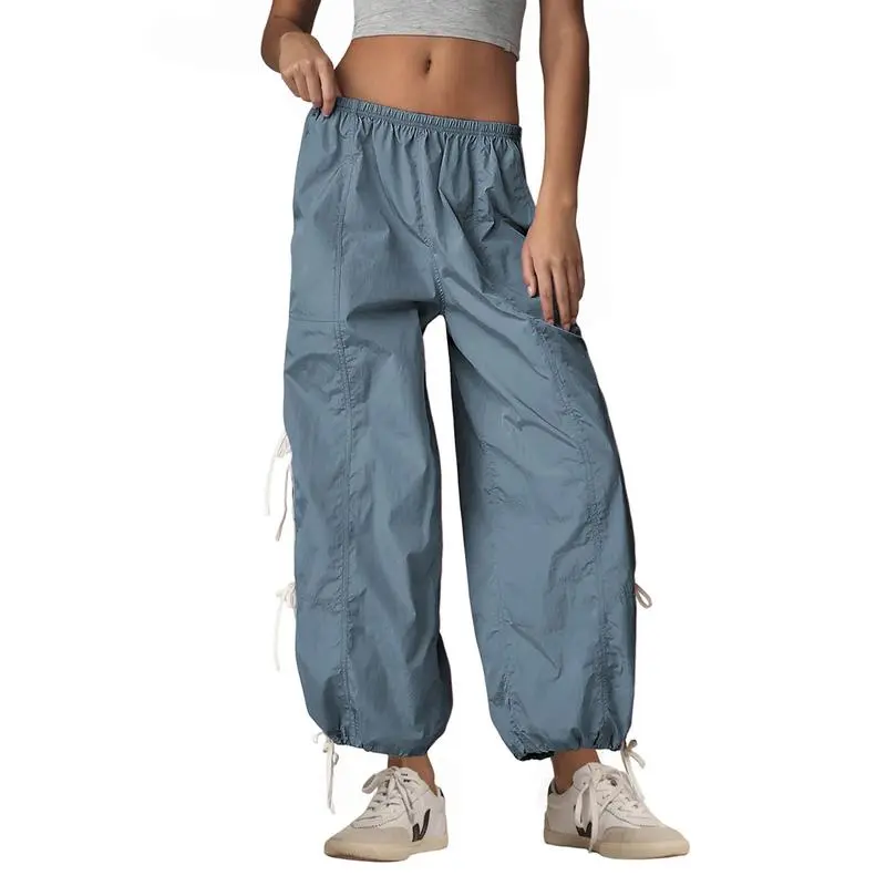 Women's Parachute Cargo Pants – High Waist, Elastic Drawstring Hiking Trousers with Pockets