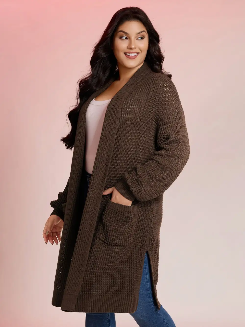 Folded Collar Pockets Slit Knit Cardigan