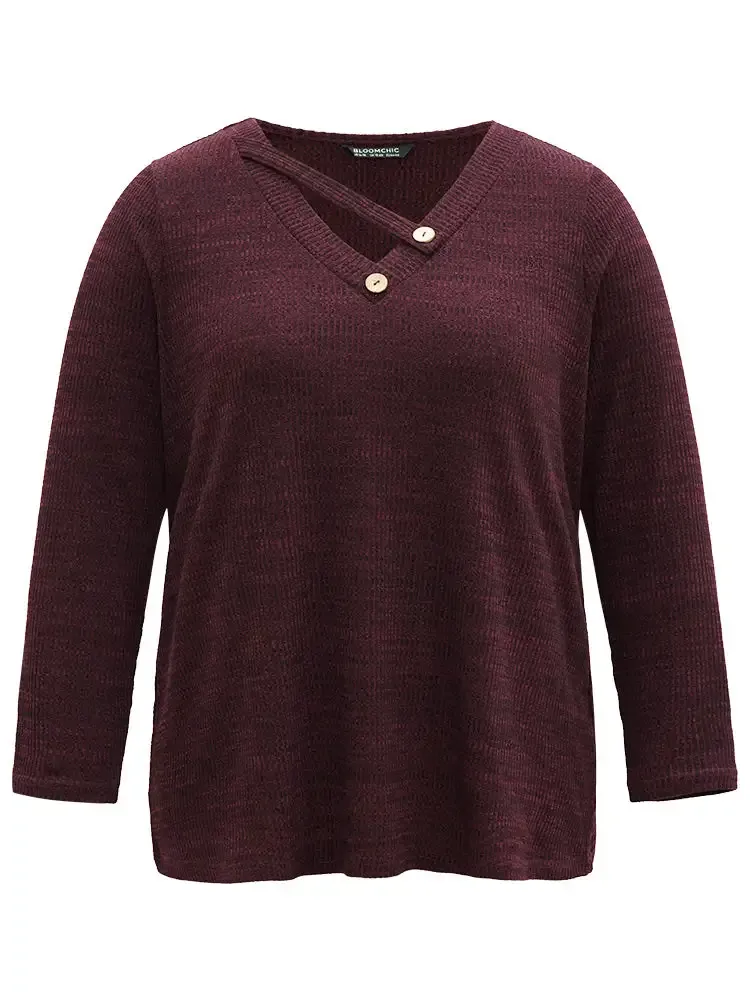 Solid Rib Knit Button Detail T-Shirt