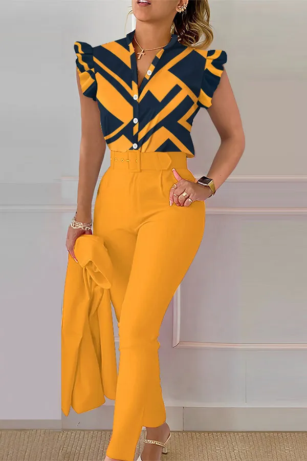 Geometric Print Ruffle Pant Set
