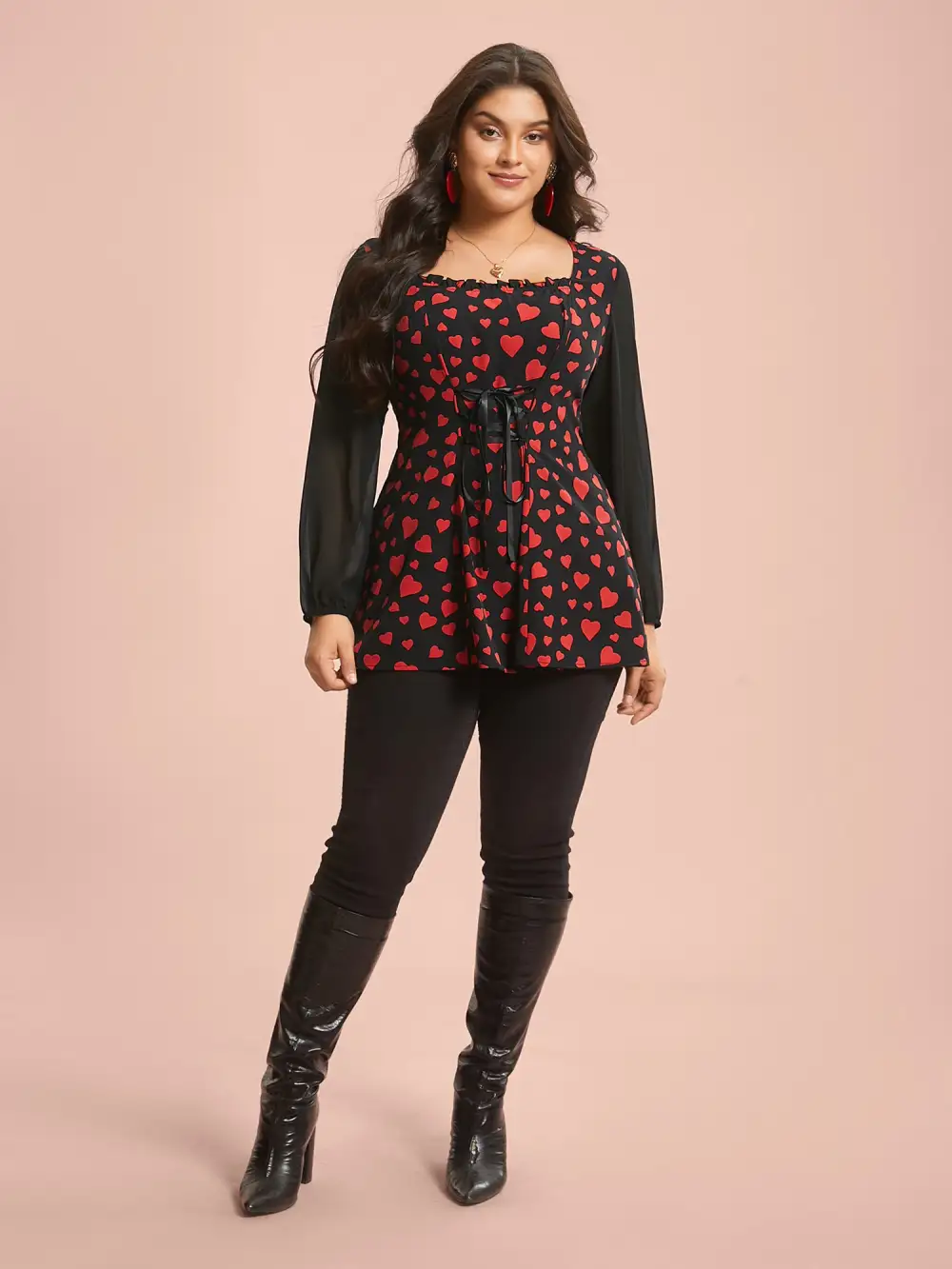 Heart Print Patchwork Waist-Tie Blouse