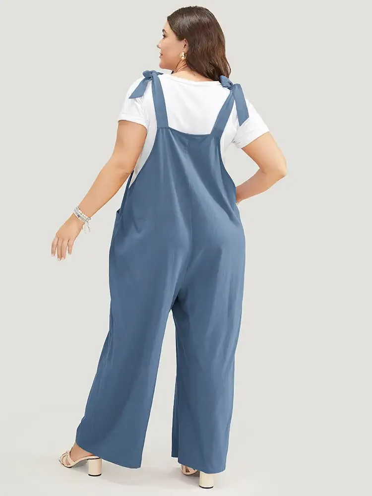 Solid Pleated Detail Pocket Knotted Shoulder Overall Jumpsuit