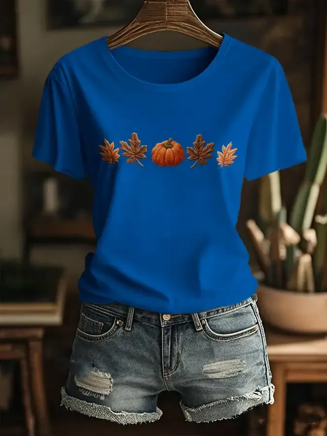 Women's Casual Retro Autumn Pumpkin Maple Leaf T-shirt