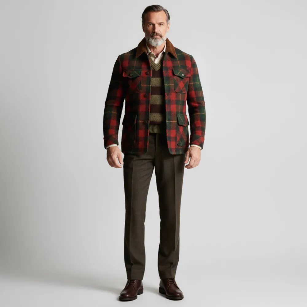 Men's Multicolor Plaid Turndown Collar Long Sleeve Button Multiple Pockets Jacket