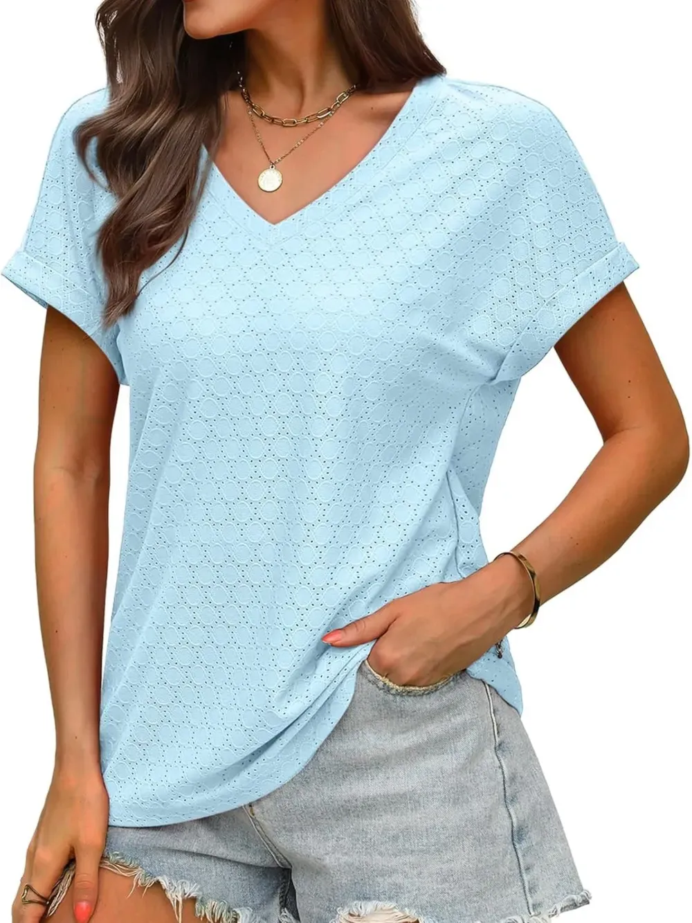 ✨Women's V Neck Eyelet Dressy Casual Basic Short Sleeve Tees