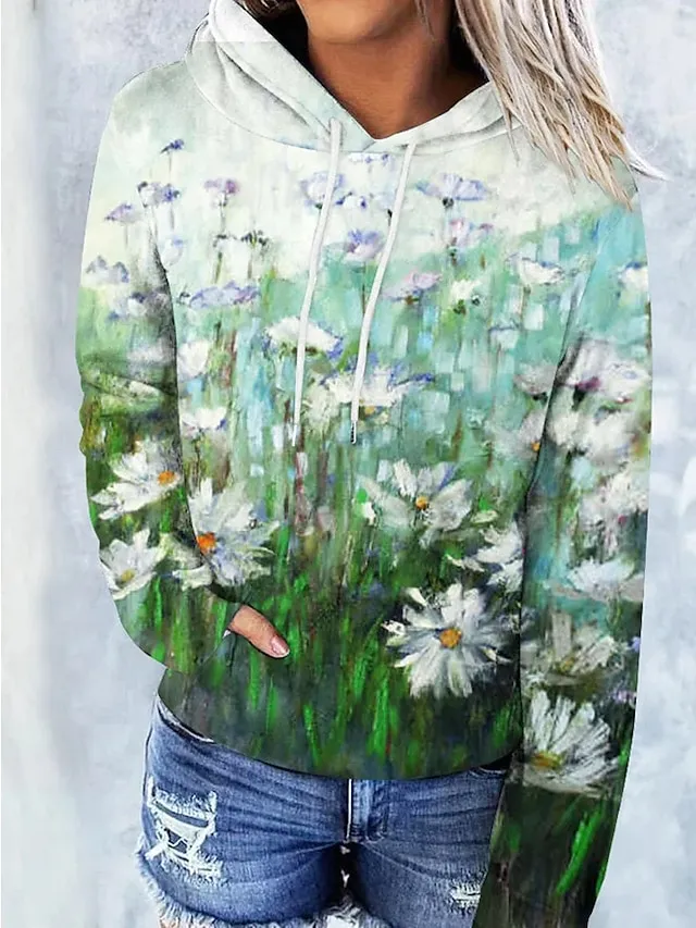 Women's Hoodie Sweatshirt Pullover Vintage Basic Front Pocket Yellow Light Green Blue Floral Street Casual Hoodie Long Sleeve Top Micro-elastic Fall & Winter