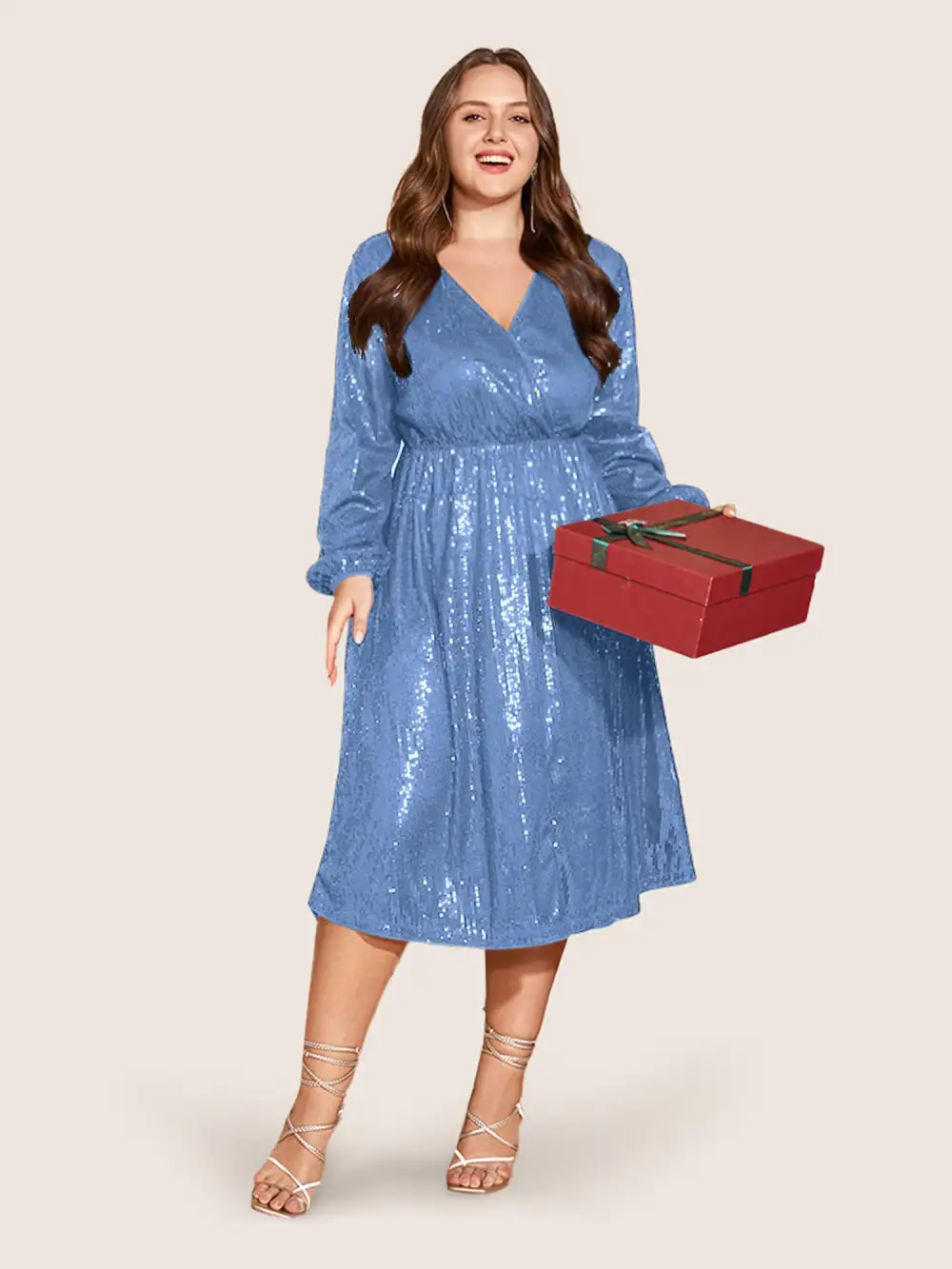 Solid Pocket Lantern Sleeve Wrap Sequin Dress