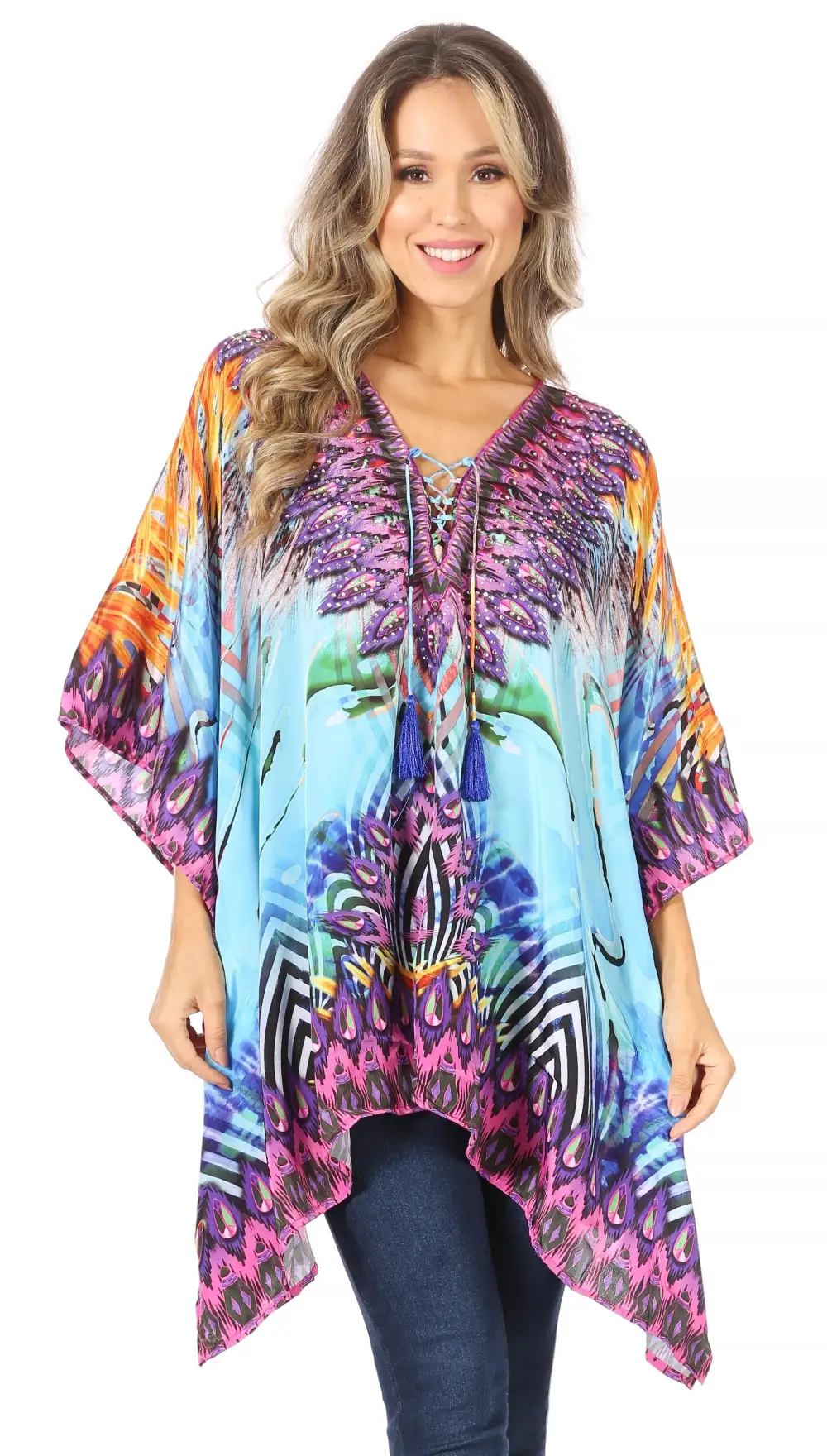 Women's Caftan Poncho Cover up V neck Top Lace up With Rhinestone