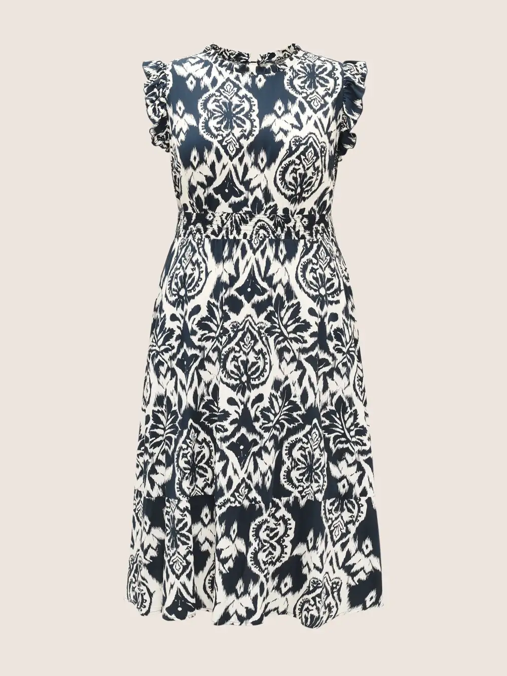 Boho Print Mock Neck Shirred Ruffle Cap Sleeve Dress