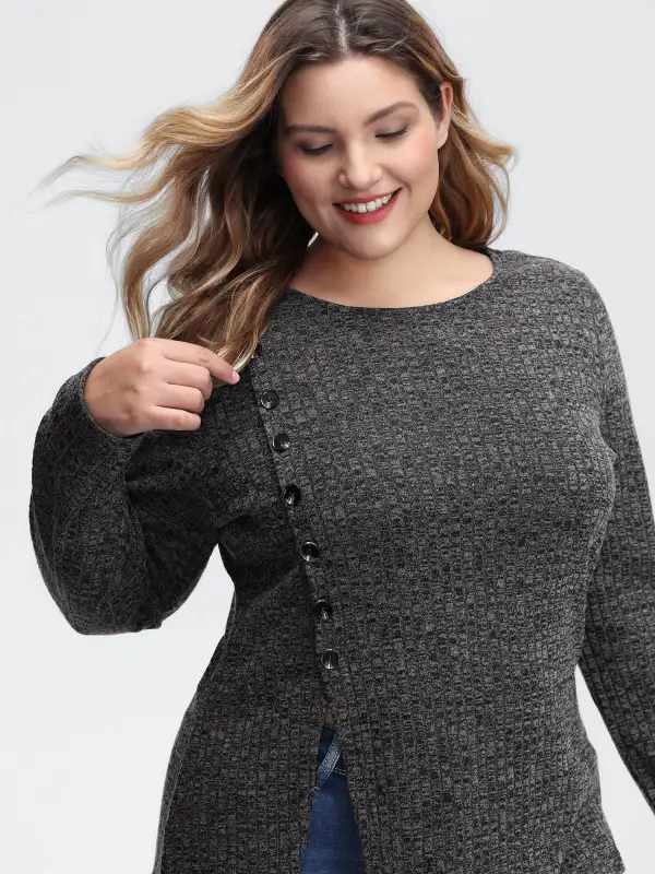 Stretchy Side Button Detail Slit T-Shirt