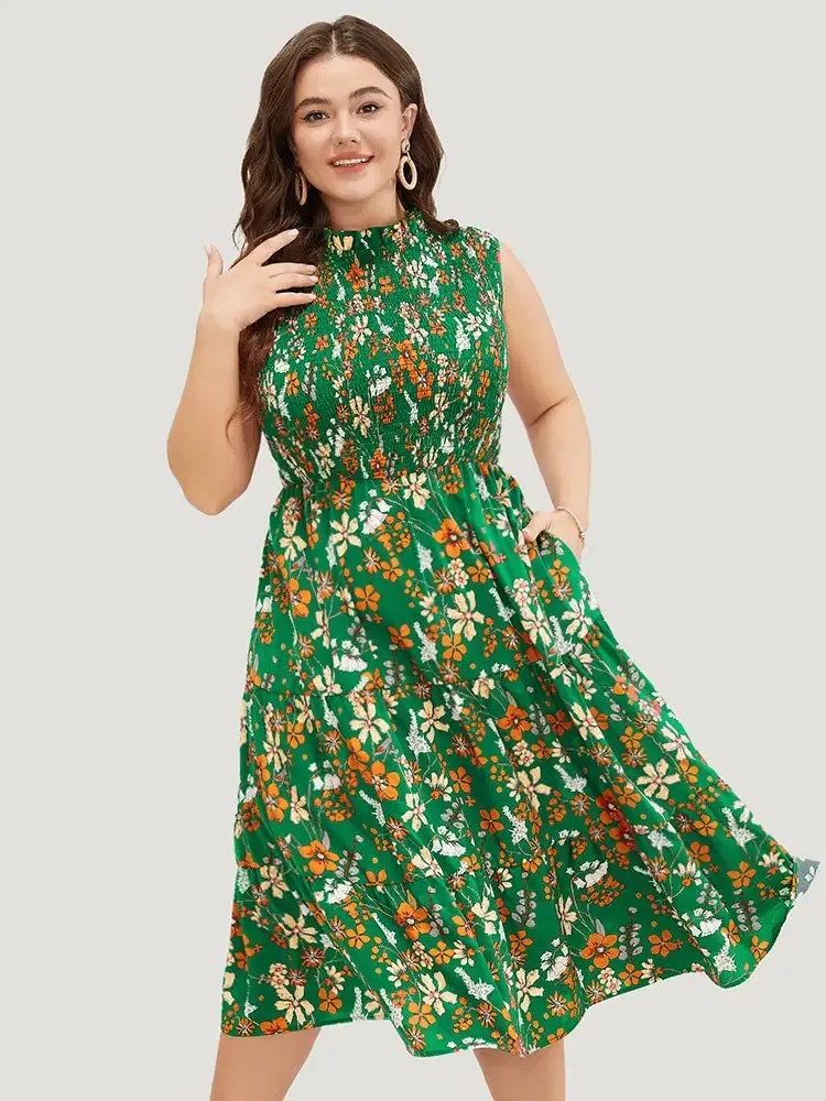 Floral Shirred Mock Neck Cut Out Pocket Ruffle Hem Dress