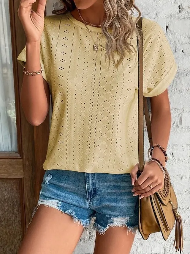 Women's T shirt Tee White Eyelet Tops Light Blue Black White Plain Cut Out Short Sleeve Daily Weekend Basic Round Neck Regular Cotton S