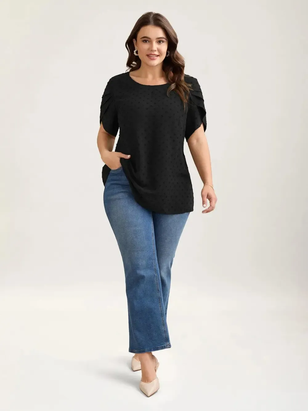 Textured Color Contrast Petal Sleeve Blouse