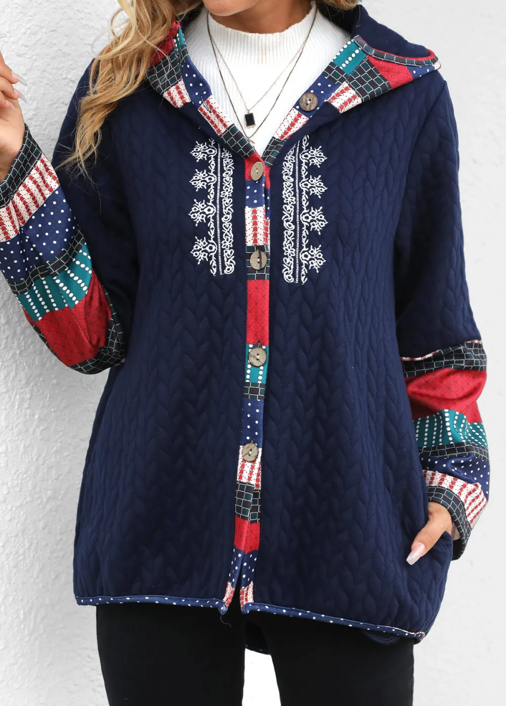 Navy Patchwork Tribal Print Long Sleeve Hooded Coat