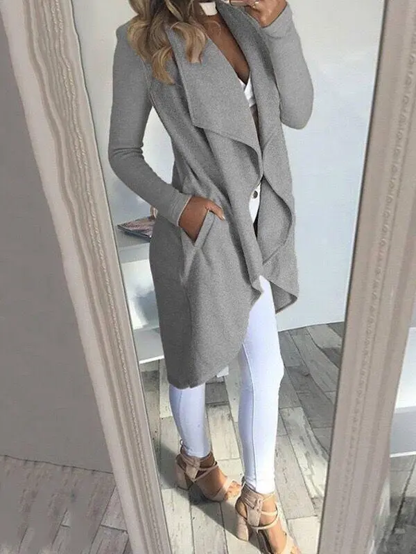 Solid color lapel long sleeve slim Tops
