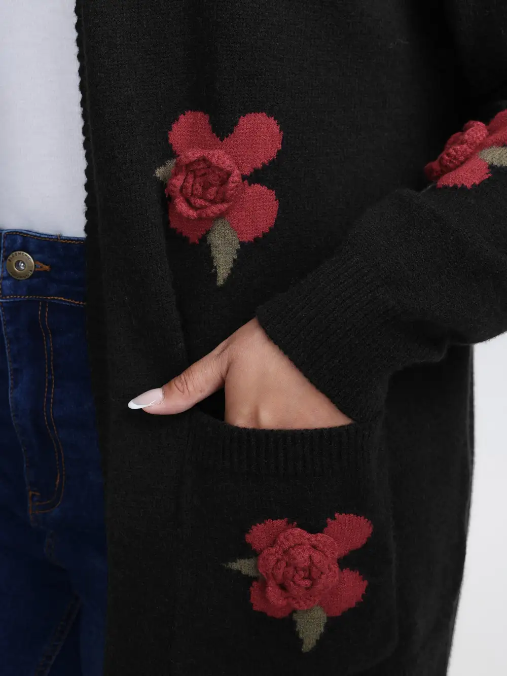 3D Floral Pattern Pockets Knit Cardigan