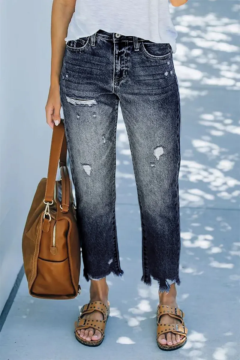 Ripped Raw Hem Zip Fly Jeans