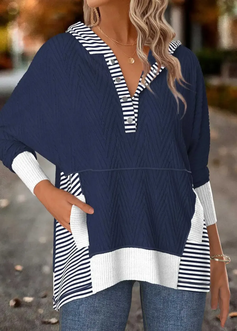 Navy Tummy Coverage Striped Long Sleeve Hoodie