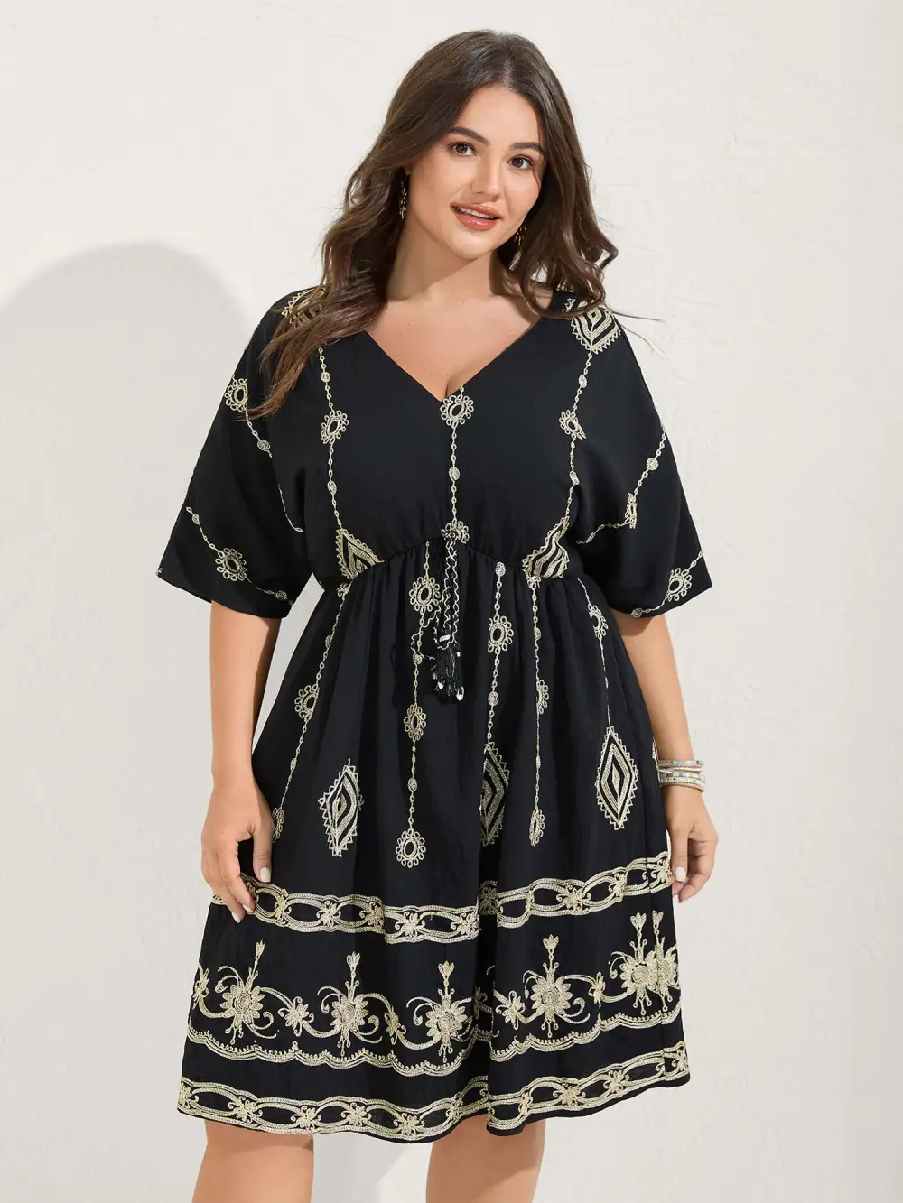 Boho Embroidered Waist Tie Midi Dress