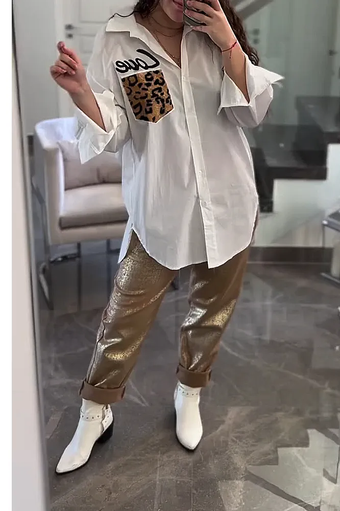 Women's leopard pocket shirt and pants two-piece suit