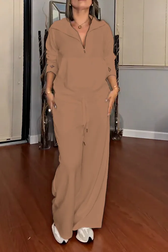 Women's solid color zipper V-neck top and pants two-piece set