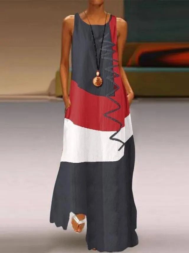 Women's Casual Dress Boho Dress Long Dress Maxi Dress Blue Khaki Red Sleeveless Graphic Print Fall Spring Summer Crew Neck Fashion Daily Vacation Summer Dress 2023 S M L XL XXL 3XL 4XL 5XL