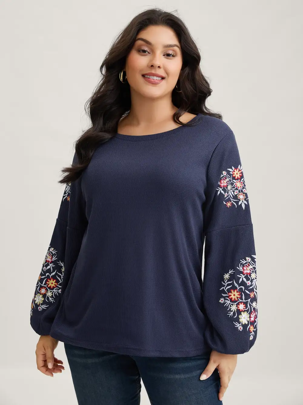Waffle Knit Floral Embroidered Lantern Sleeve T-shirt