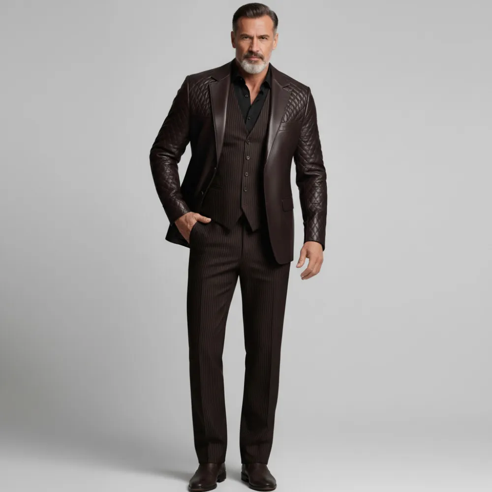 Men's Business Coffee Notch Lapel Quilted Long Sleeve Button PU Leather Blazer