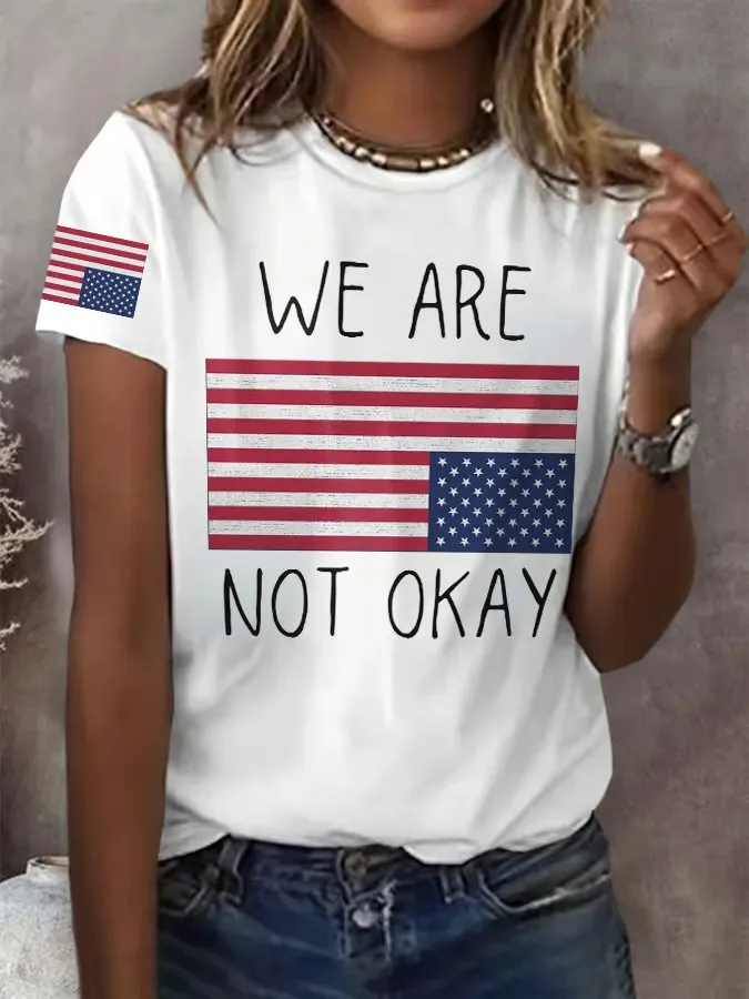 Women'S T-Shirt Retro We Are Not Ok Print T-Shirt Pure Cotton Round Neck Print Short Sleeve