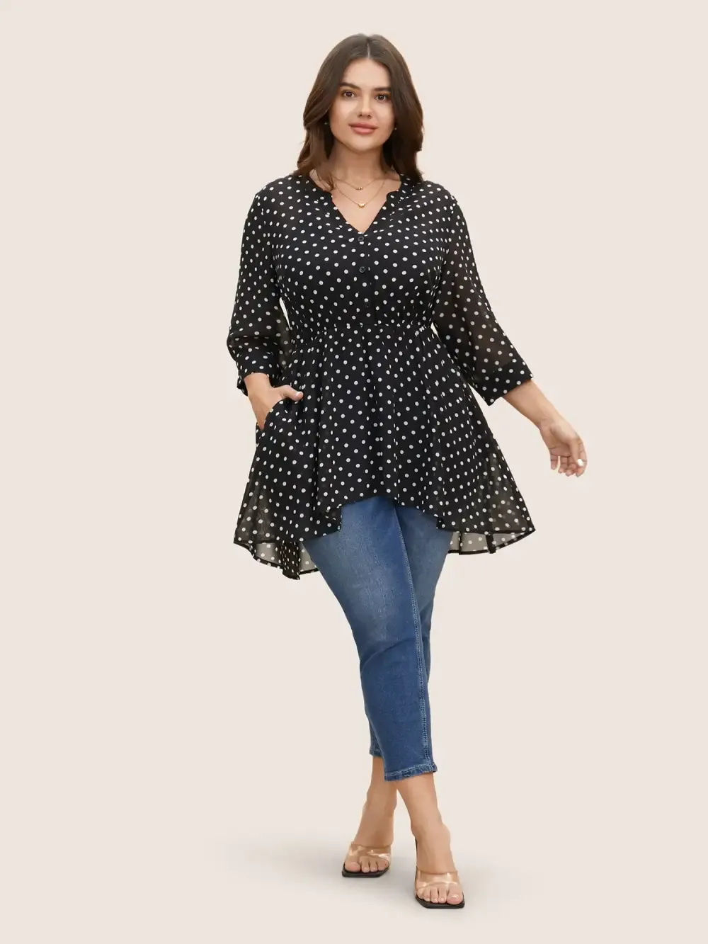 Chiffon Polka Dot Button Detail Blouse