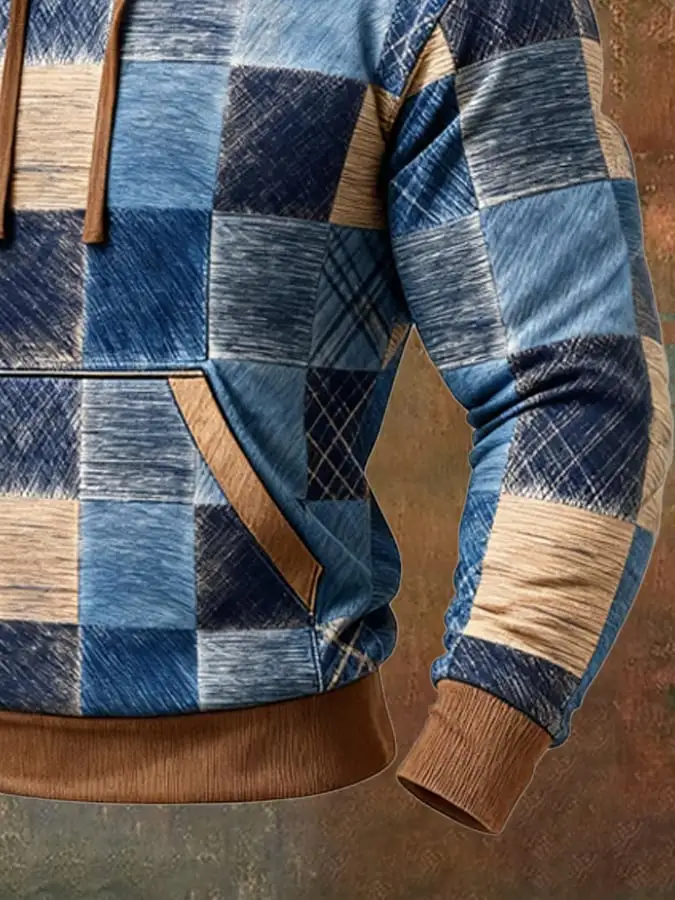 Men's Retro Distressed Color Block Print Casual Long Sleeve Sweatshirt