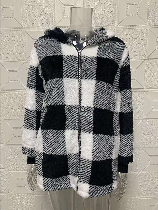 Women's Fleece Jacket Fleece Basic Pocket Zip Up Black Light Green Red Plaid Street Casual Hoodie Long Sleeve Top Micro-elastic Fall & Winter