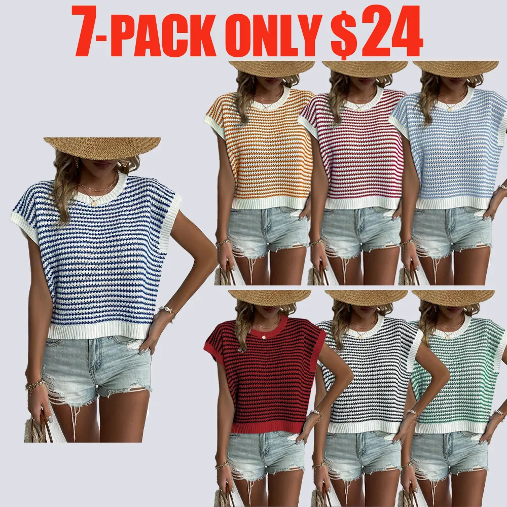 Women's Striped Print Round Neck Knit Top, Vacation Clothes