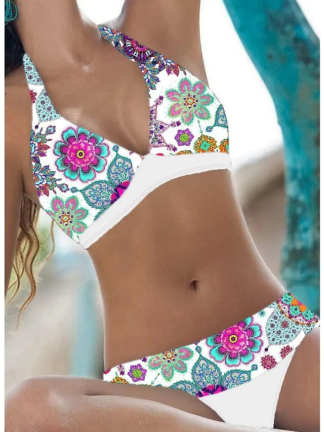Women's Swimwear Bikini 2 Piece Swimsuit Halter 2 Piece Open Back Sexy Floral V Wire Tropical Sexy Bathing Suits