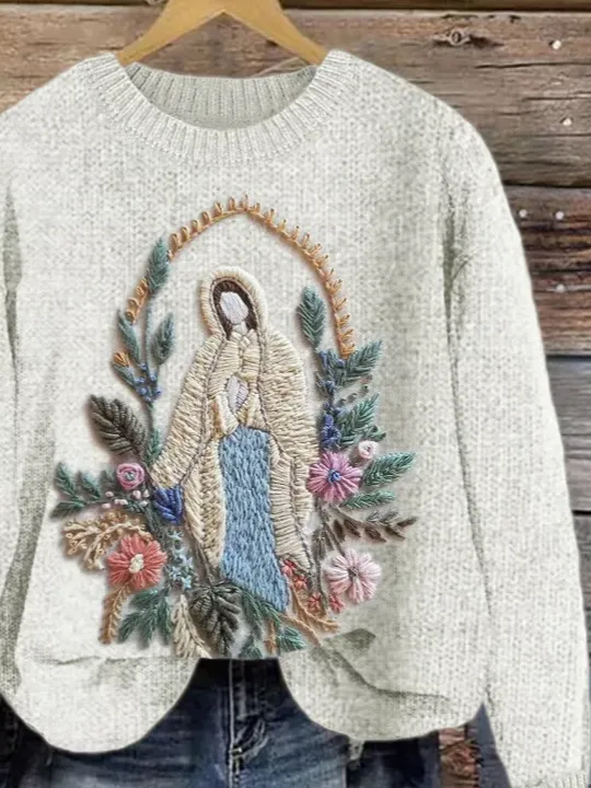 Women's Christian Virgin Mary Floral Knitted Sweatshirt