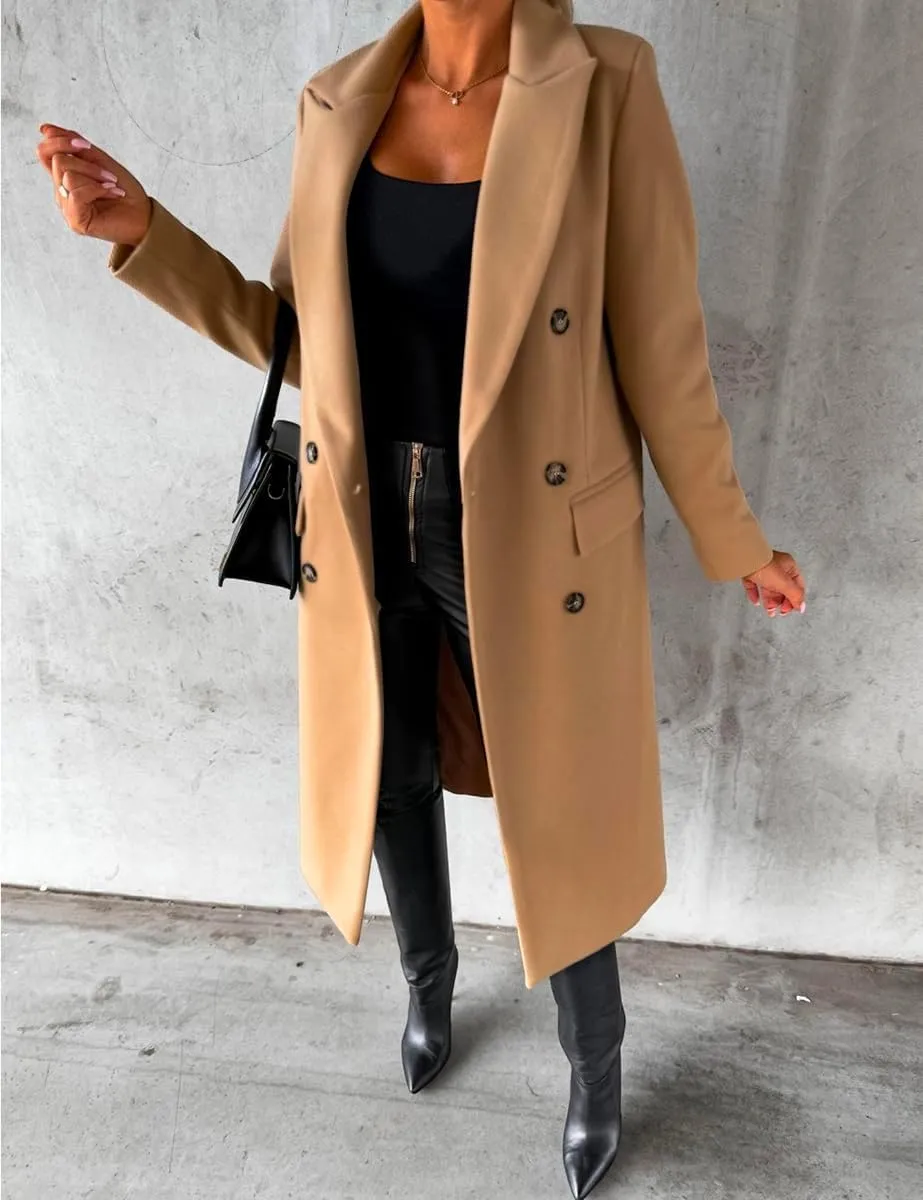 Womens Long Wool Coat Double Breasted Trench Coat Fall Winter Clothes