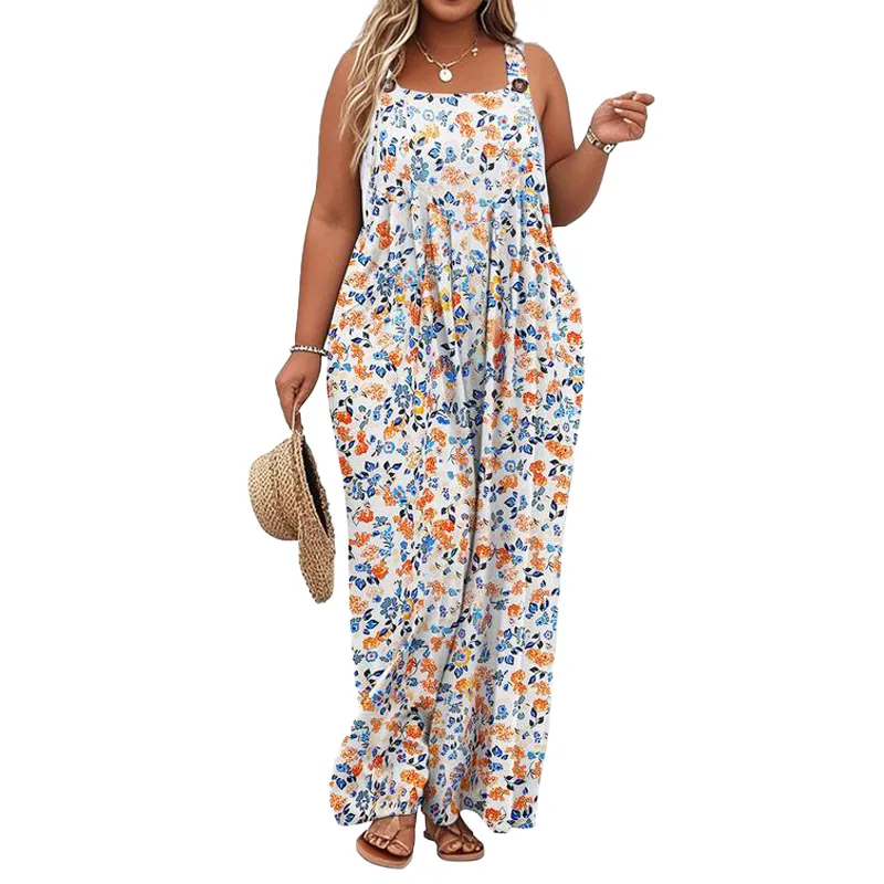 Plus Size Wide-Leg Jumpsuit with Pockets – Adjustable & Casual Fit for Summer