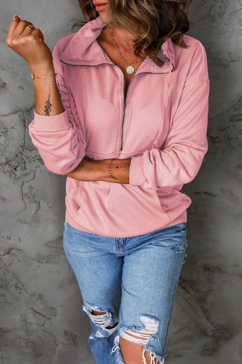 Women's Casual Long Sleeve Lapel Zipper Sweatshirt Drawstring Loose Pullover Tops