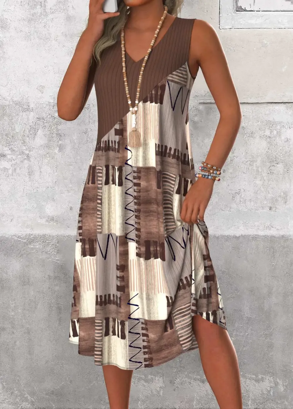 Gray Brown Patchwork Geometric Print A Line Sleeveless Dress