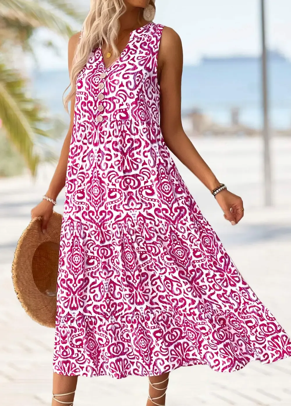 Hot Pink Tribal Print Maxi Sleeveless Split Neck Dress