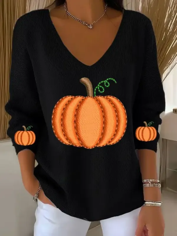 Women's Casual Pumpkin Floral Long Sleeve T-Shirt