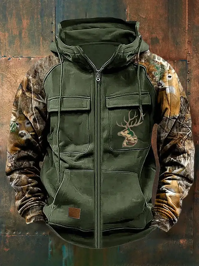 Men's Vintage Western Deer Print Multi-Pocket Jacket