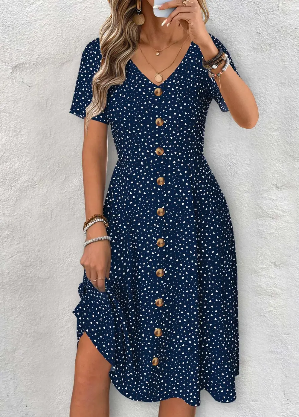 Navy Polka Dot Short Sleeve V Neck Dress