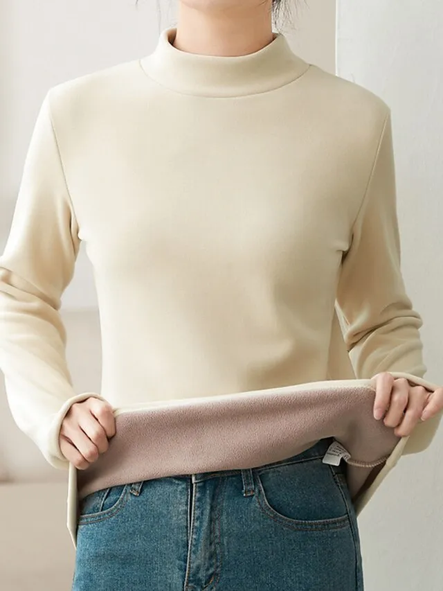 Women's Sweatshirt Sherpa Fleece Lined Plain Warm Daily Fuzzy Black Yellow Pink Casual High Neck Long Sleeve Fleece lined Micro-elastic Fall & Winter