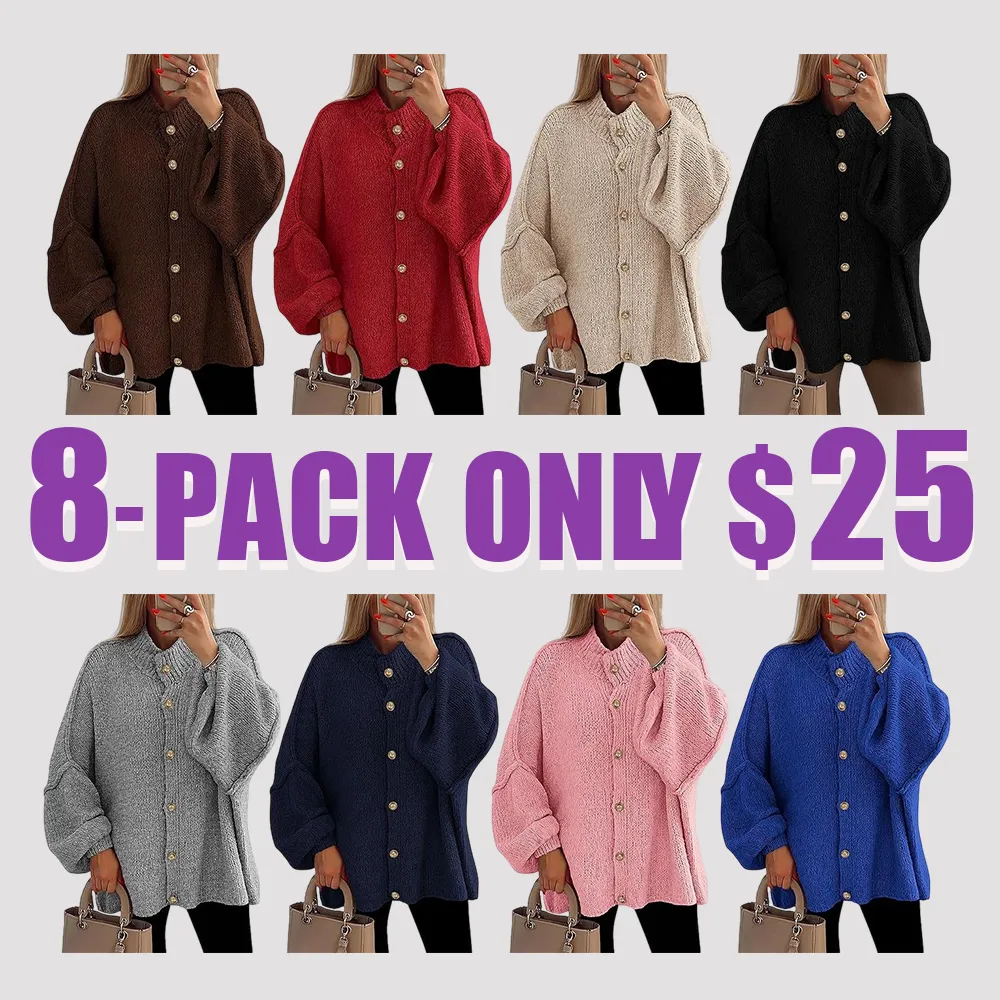Women's Winter Button Down Cardigan Sweaters Mock Neck Lantern Long Sleeve Chunky Knit Jacket Trendy Outerwear