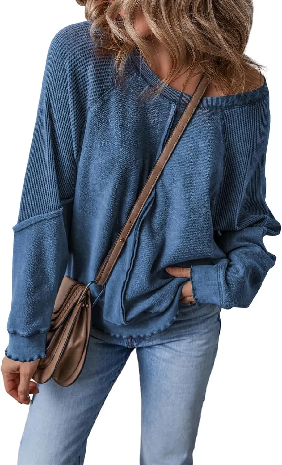 ✨Womens Crewneck Long Sleeve Waffle Knit Sweatshirt